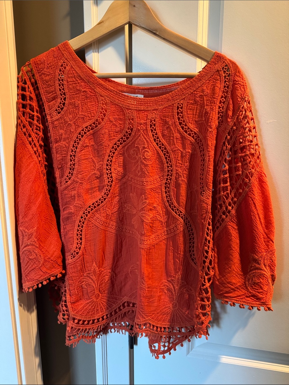 Ultra Pink Orange Crochet Embroidered Boho Blouse